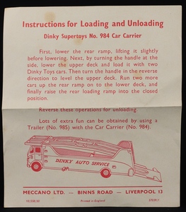 Dinky toys 984 car carrier dd592 instructions