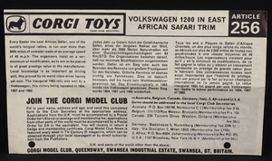 Corgi toys 256 volkswagen 1200 safari east  african trim rhino kk361 leaflet