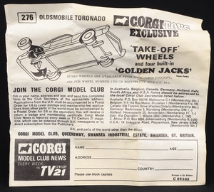 Corgi toys 276 oldsmobile toronado kk608 leaflet