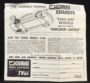 Corgi toys 276 oldsmobile toronado ll332 leaflet